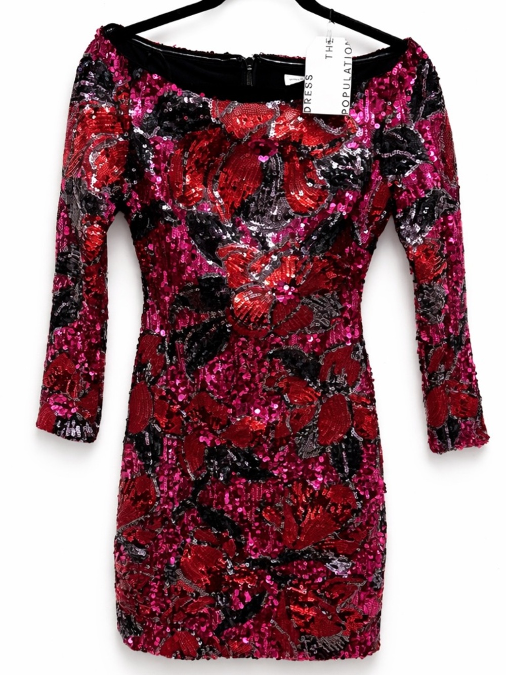 Fuchsia and Red Sequin Floral Long Sleeve Mini Dress